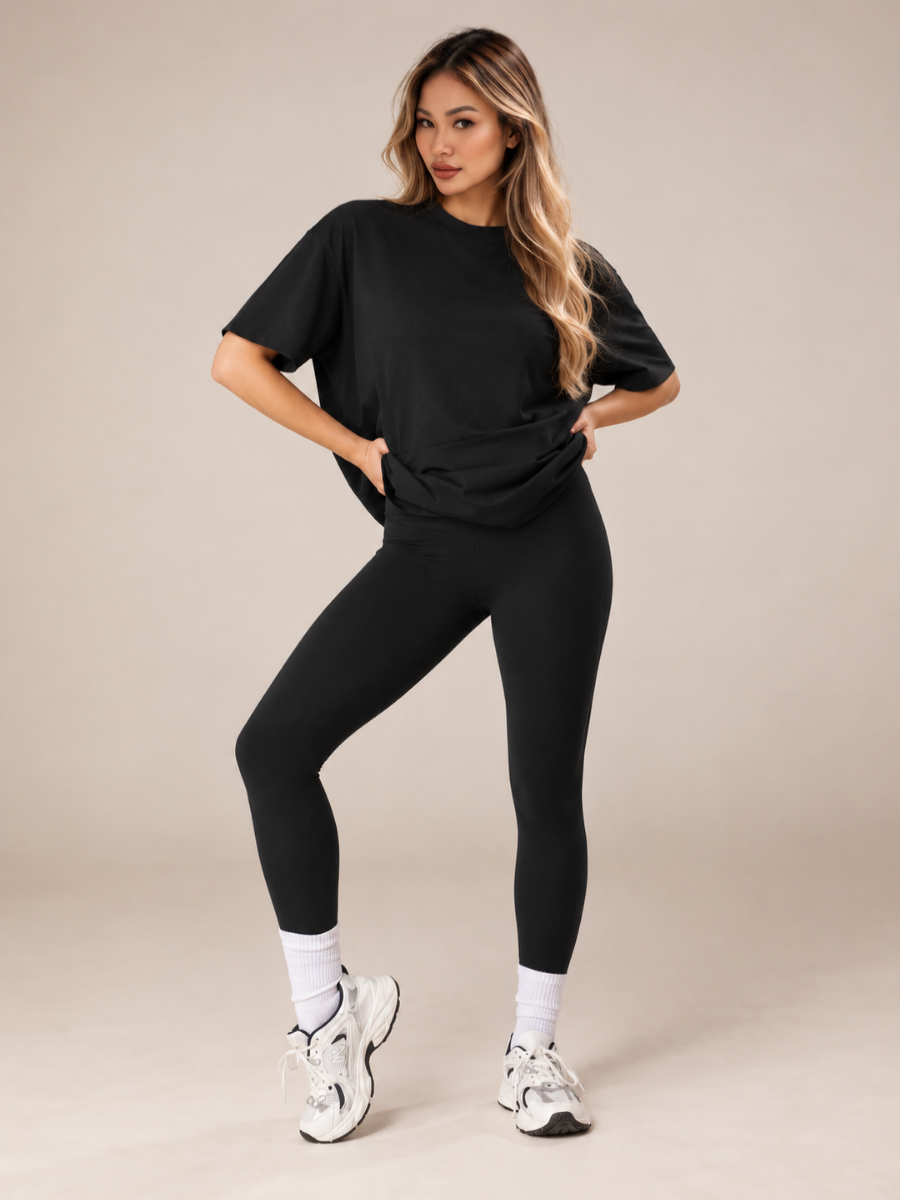 2-Piece Pima Cotton Hip Length Tee & FeatherFit Leggings Set with Side Pockets