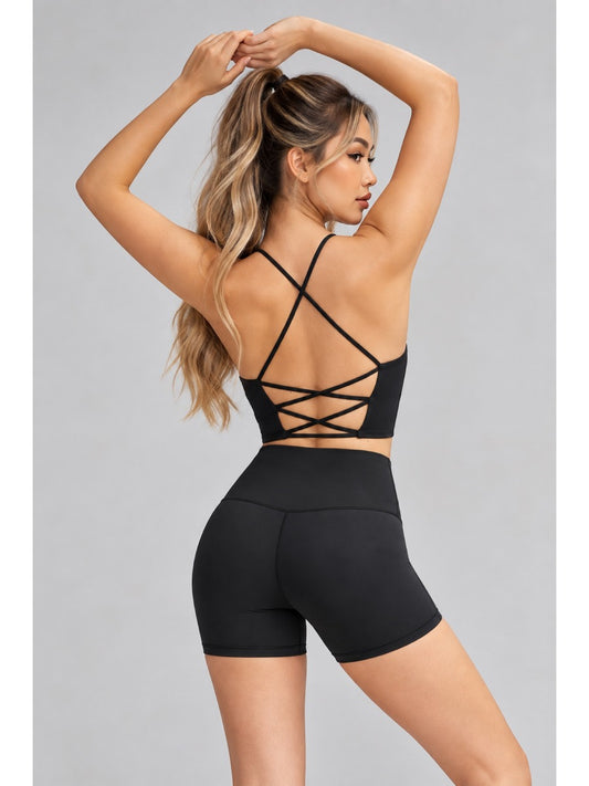 2-Piece FeatherFit Bra & Shorts Set Crisscross Back Tank Top with Crossover Biker-Shorts