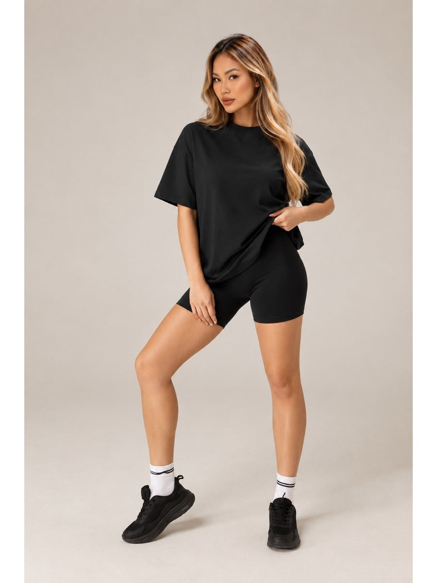 2-Piece Pima Cotton Oversized Tee & FeatherFit Biker-Shorts Set with Side Pockets