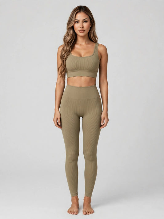 Model wearing the khaki seamless square-neck activewear set