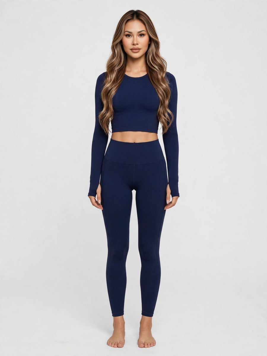 Model wearing the navy long-sleeve activewear set