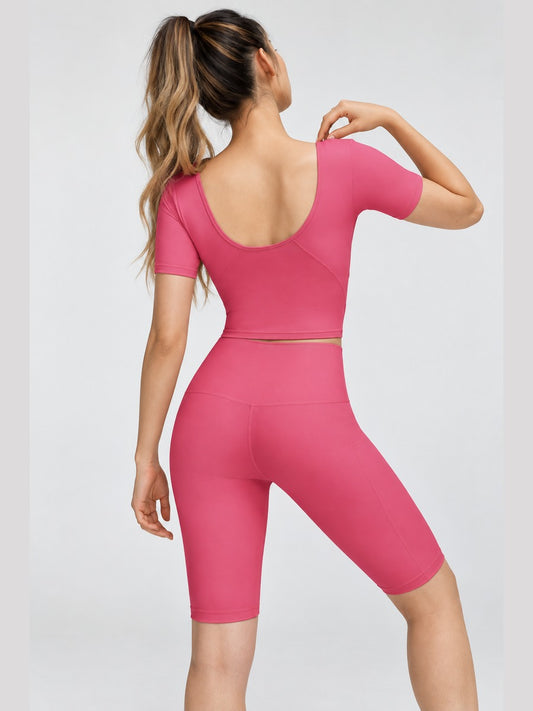 2-Piece FeatherFit U-Back Cropped Active Tank & Tummy Control Biker-Shorts Set